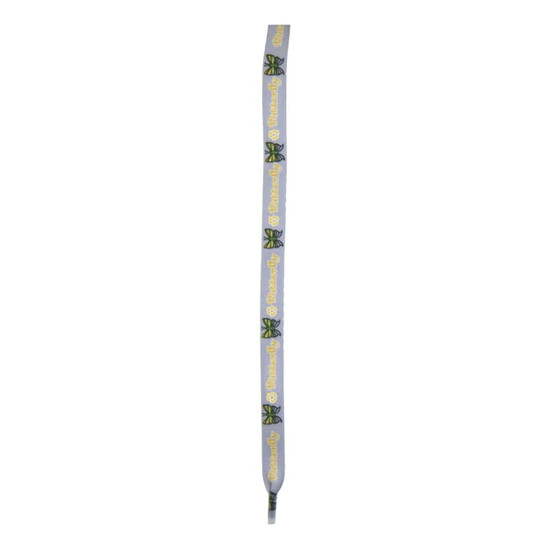 A pair of grey shoe laces featuring a logo and a colourful pattern along the length.