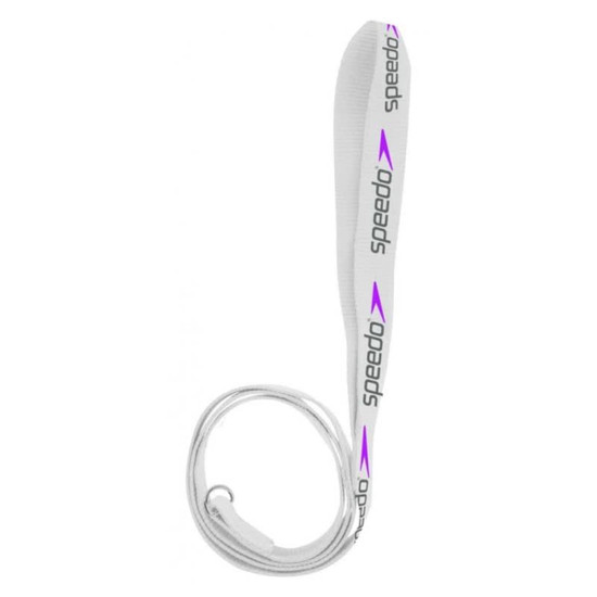 A white dog leash featuring a patterned design in purple, with a looped handle and a branding logo.