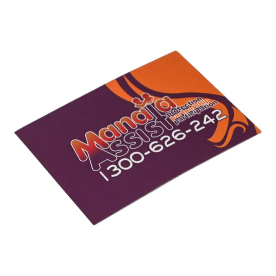A promotional magnet featuring a purple and orange design with a logo and contact information printed on it.
