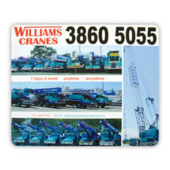 A mouse mat featuring images of cranes in blue and black, with branding and graphic elements.