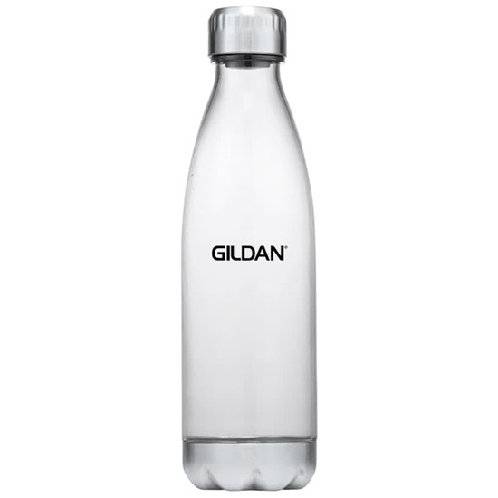 A drink bottle in clear plastic with a silver cap and a logo on the side.