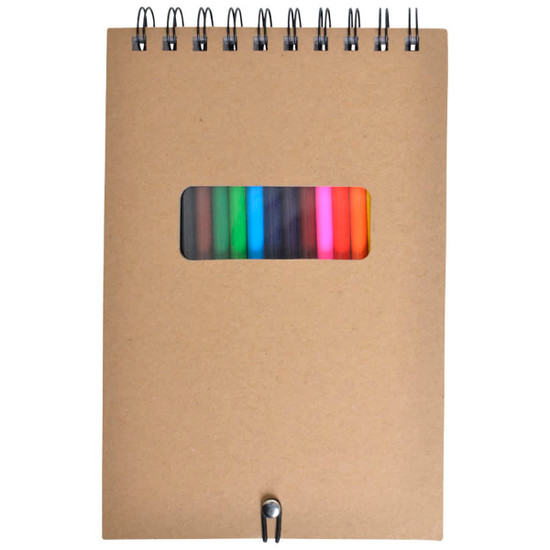 A spiral-bound notebook with a kraft cover revealing colourful markers through a rectangular window.