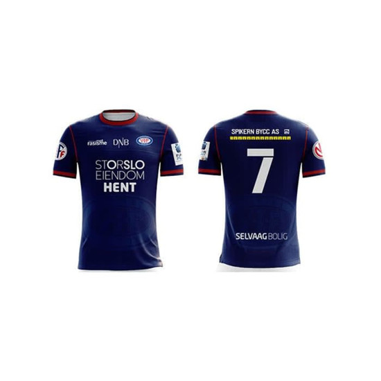A navy soccer jersey featuring short sleeves, a logo, and the number 7 on the back.