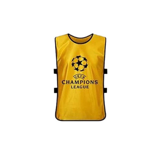 A yellow soccer vest featuring black trim and a logo on the front. It has adjustable straps on the sides.