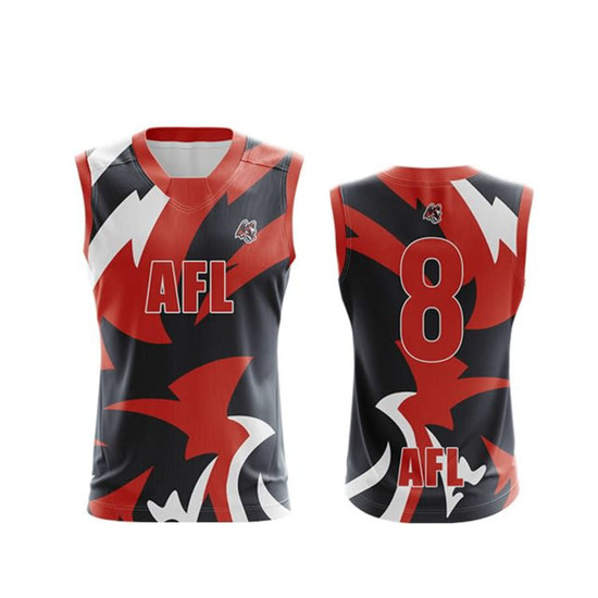 AFL jersey in black, red, and white featuring bold patterns and a number 8. Includes a logo on the front.