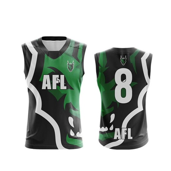 AFL jersey featuring a sleeveless design in black and green, with a logo and player number 8 on the back.