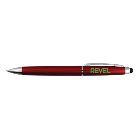 A red stylus pen with a silver clip and tip, featuring a logo on the side.