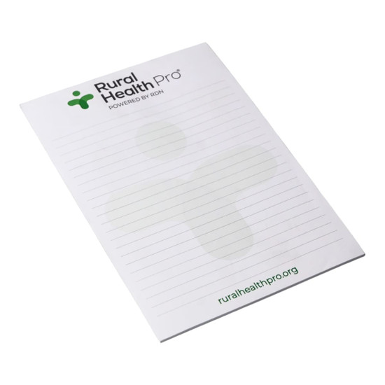 A5 notepad with lined pages, featuring a logo, in a white colour with a subtle background design.
