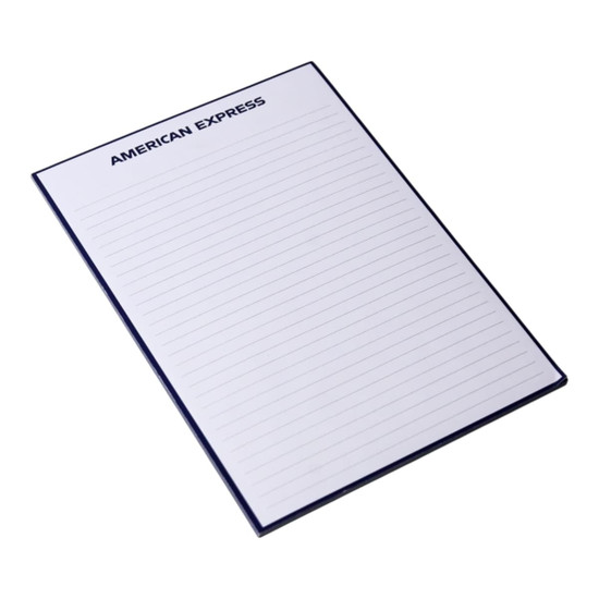 A5 notepad with a blue cover and lined pages, featuring a logo at the top. Contains 50 leaves.
