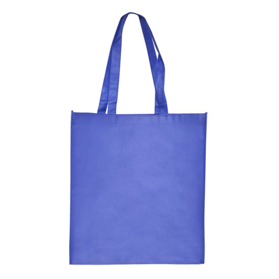 A large blue shopping tote bag with gusset and long, flat handles; features a logo.