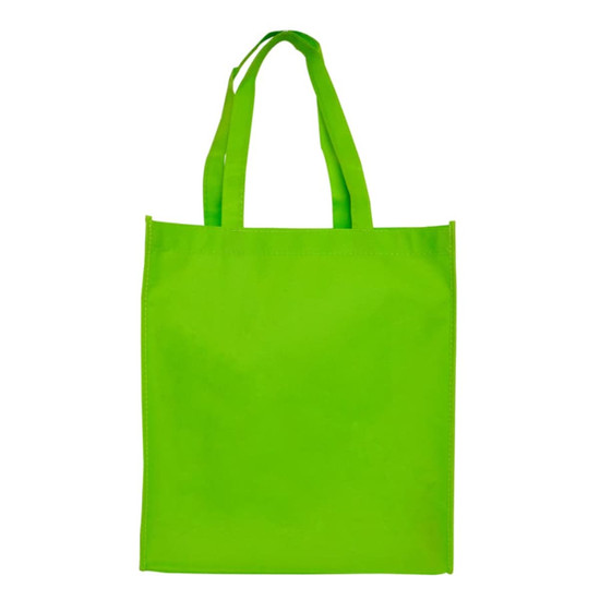 A large green shopping tote bag with gusset and two sturdy handles, featuring a branding logo.
