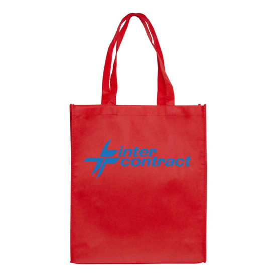 A red large shopping tote bag with a gusset, featuring a logo on the front and two handles.