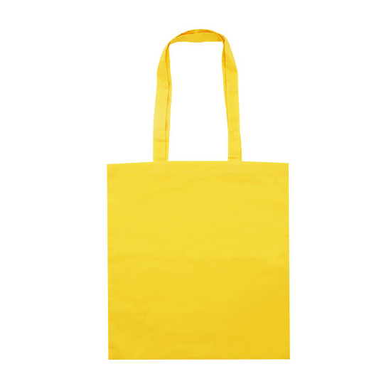 A vibrant yellow tote bag with two handles, featuring a plain design and a logo.