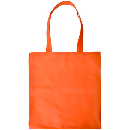 An orange shopping tote bag with long handles and a V gusset design. It features a plain surface and has a logo.