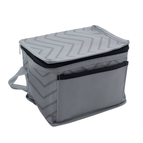 A grey cooler bag with a chevron pattern, featuring a zippered top and a front pocket. It has an attached handle.