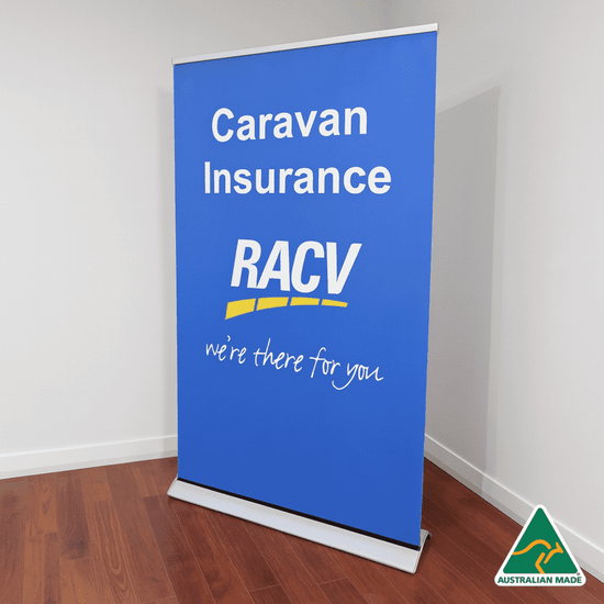 A blue roll-up banner displaying promotional text, featuring a logo and an Australian Made badge on the bottom.