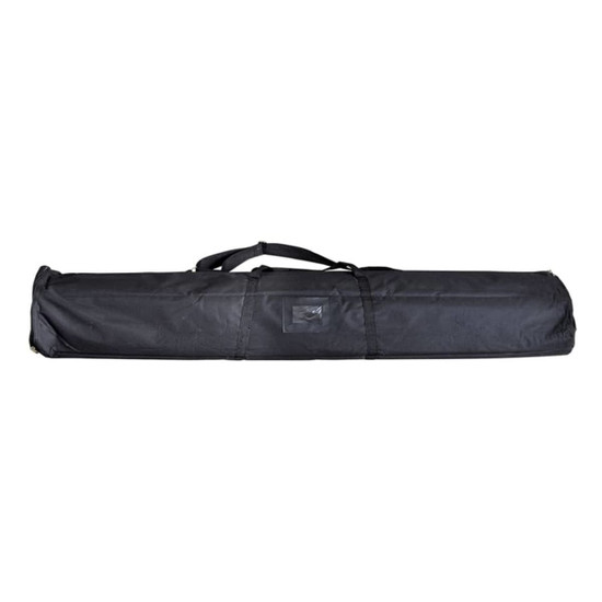 A black carrying case for a roll-up banner, featuring a handle for easy transport.