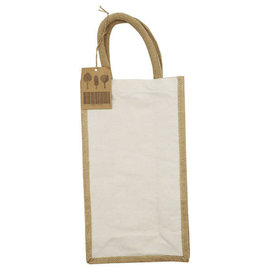 A jute double wine bag in natural beige with a plain white centre and a tag attached. It features two handles.