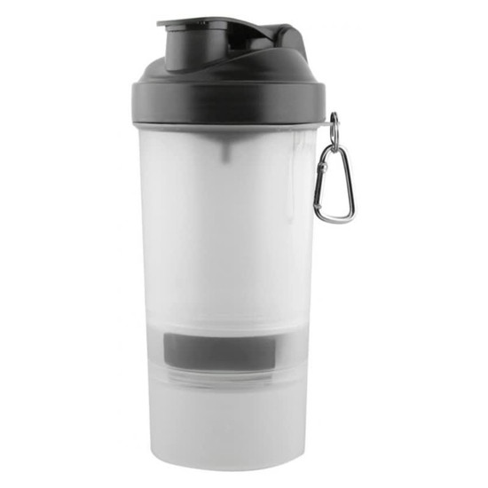 A drink bottle featuring a black lid and a clear body, with a built-in compartment and a logo.