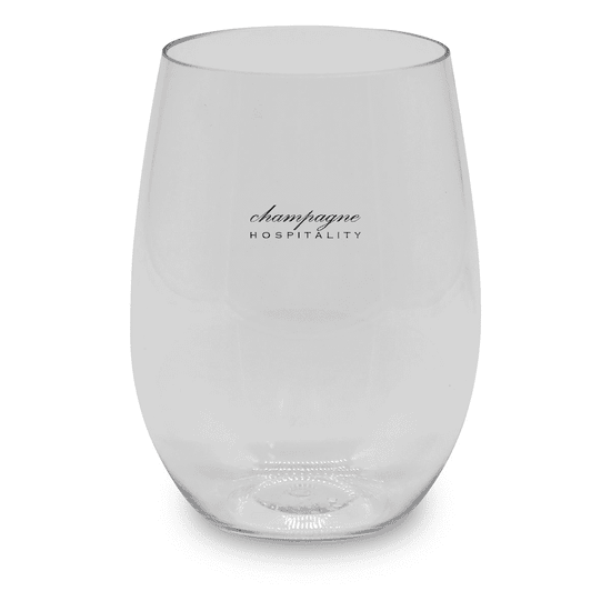 A stemless, shatterproof red wine glass in clear plastic with a logo. Suitable for outdoor use.