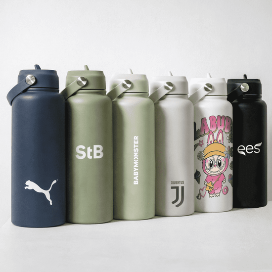 A drink bottle collection with navy, olive, white, and black colours, featuring various logos and designs.