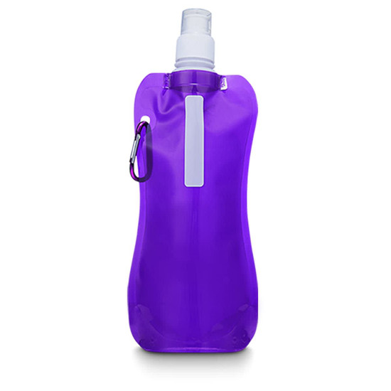 A drink bottle with a clear purple design, featuring a carabiner and a screw-top lid. It has a logo on the side.