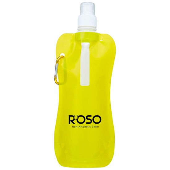 A drink bottle in bright yellow, featuring a spout and a clip attachment, with a branded logo.