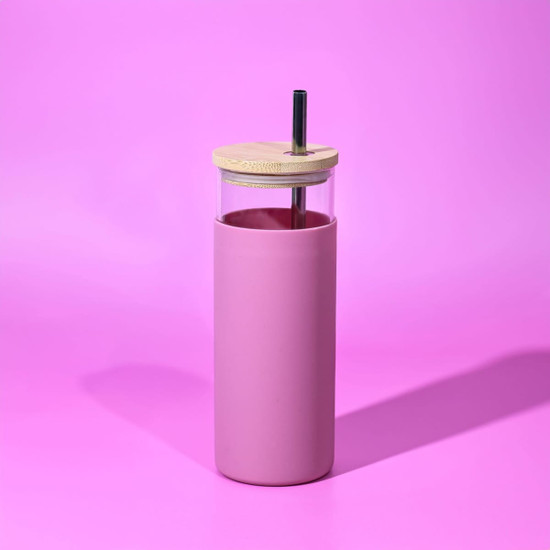 A drink bottle featuring a pink body, a clear top, and a wooden lid with a straw.