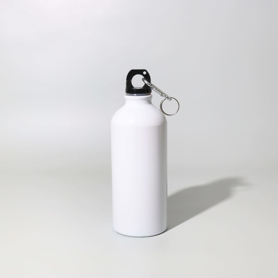 A drink bottle in glossy white with a black lid and a keychain attachment. It features a logo on the side.