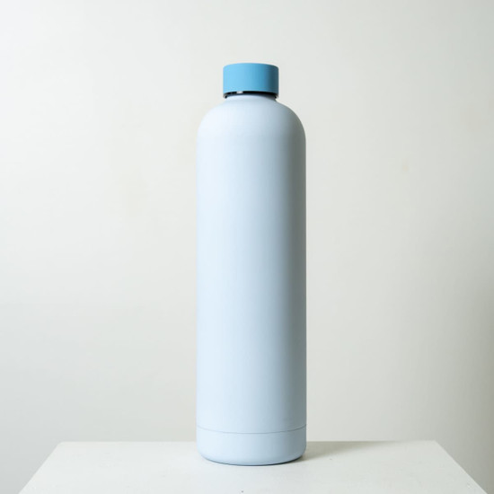 A drink bottle in a light blue colour with a blue cap. The bottle features a logo on its surface.