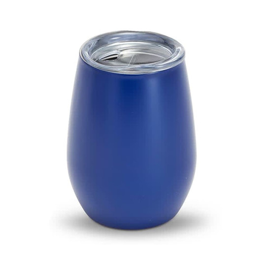A drink bottle in a deep blue colour with a clear lid, featuring a smooth surface and a rounded shape.