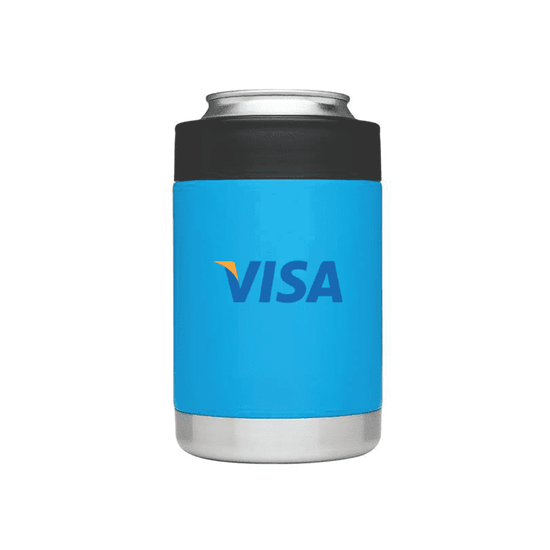 A drink holder featuring a blue exterior and a silver base, with a logo on the front.