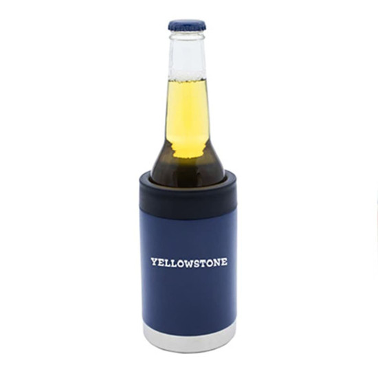A drink bottle cooler in navy with a silver base, designed to hold a bottle securely. Features a logo.