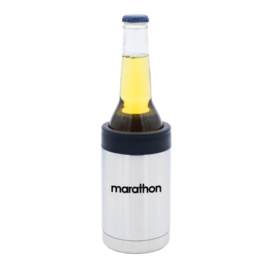A stainless steel stubby cooler with a black top, holding a beer bottle. It features a logo on the front.