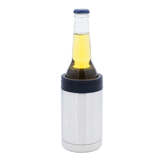 A silver stubby cooler containing a bottle of beer, featuring a dark blue top and a sleek design.
