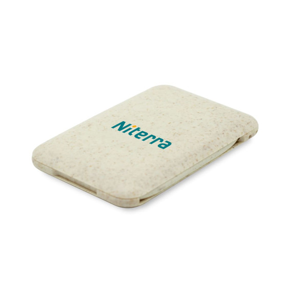 A charging cable set and stand in a cream colour with a logo. Compact and designed for phone charging.