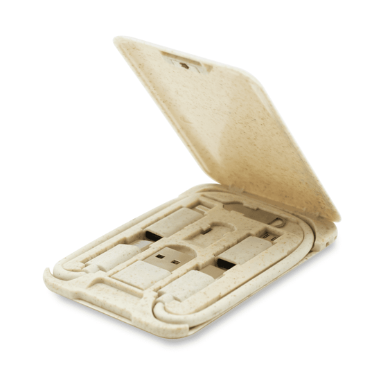 A cream-coloured charging cable set in a compact, eco-friendly case, featuring connectors for various devices.
