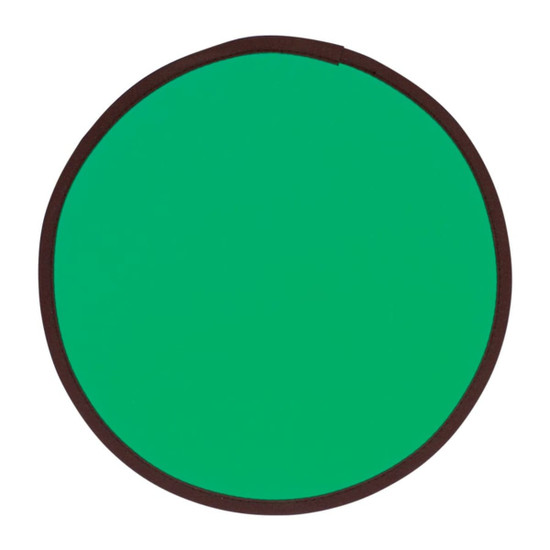 A green flying disc with a brown edge, folded flat for easy storage. Features a logo on the surface.