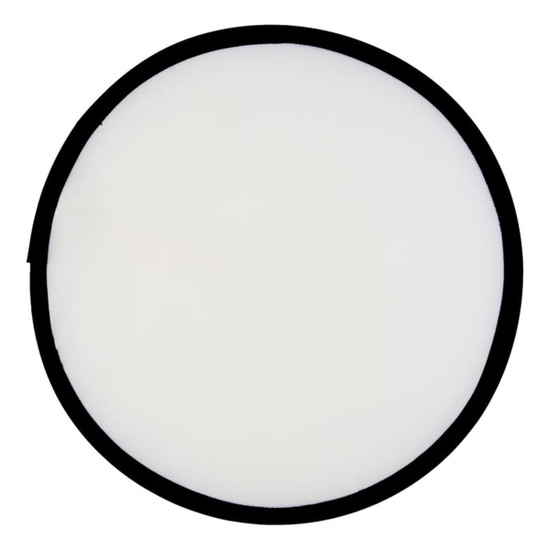 A foldable flying disc with a white centre and a black border, featuring a logo.
