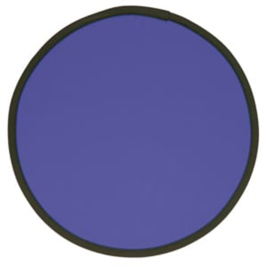 A fold up flying disc in a vibrant purple colour with a black edge and a branding logo.