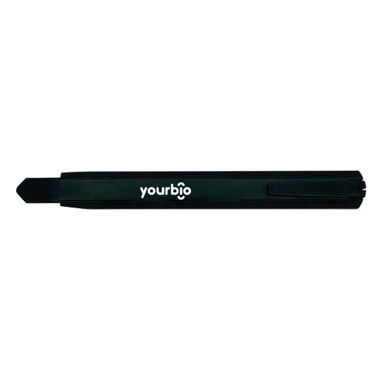 A slimline retractable box cutter in black with a logo. It features a compact design for easy storage.