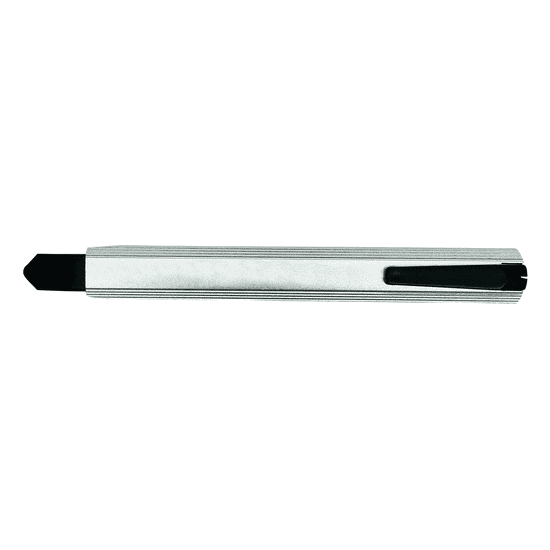 A silver slimline retractable box cutter with a black sliding mechanism and a keyring attachment.
