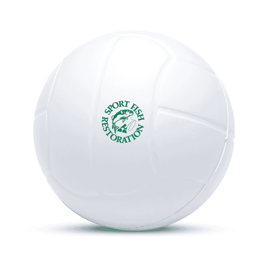 A white stress ball designed like a volleyball, featuring a circular logo.