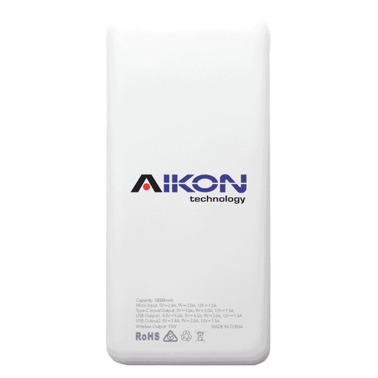 A white power bank with a capacity of 10,000 mAh, featuring a logo and multiple output ports.