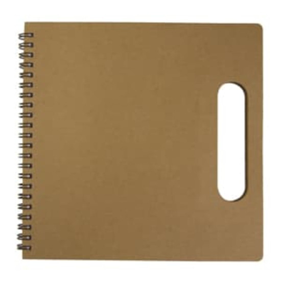A recycled brown notebook with a spiral binding and a cut-out handle. It features a plain cover and no visible text.