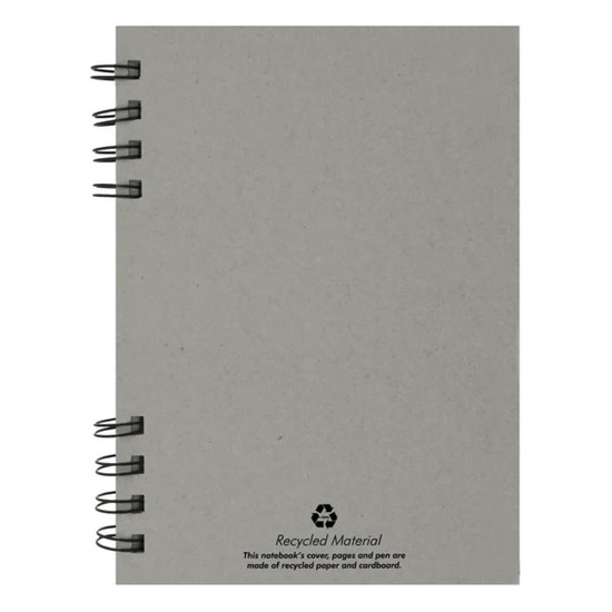 A grey recycled journal book with a spiral binding and a logo indicating recycled materials.