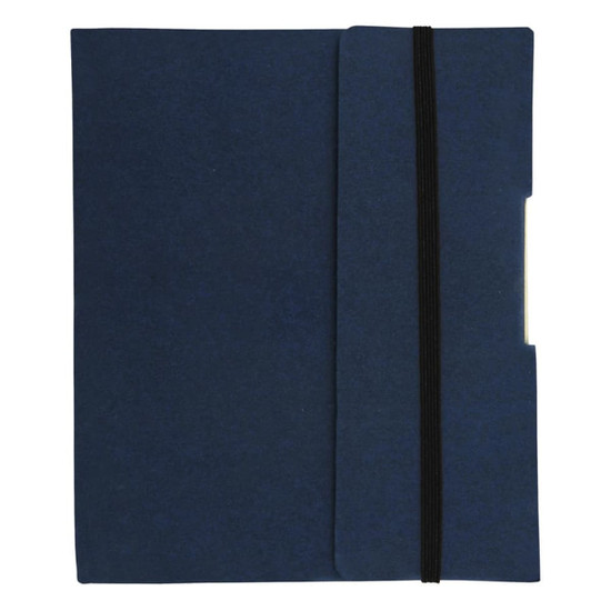 A navy blue Small Tuck Journal Book with an elastic closure and a logo on the front.