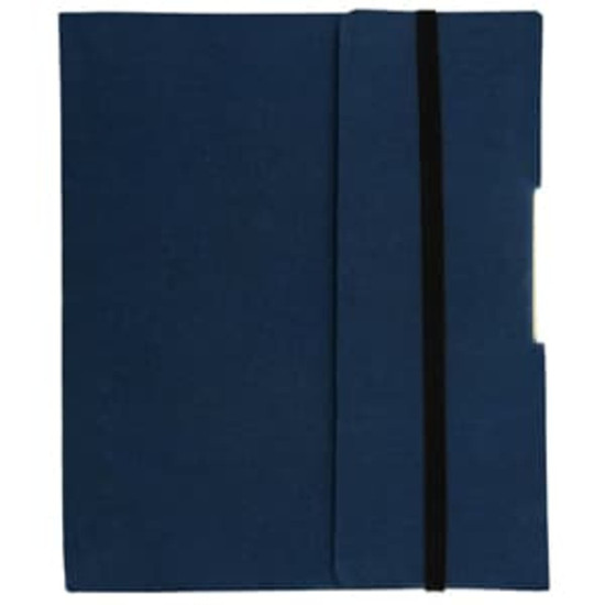 A dark blue journal book with a soft cover and an elastic closure band. Features a pocket on the side and a logo.