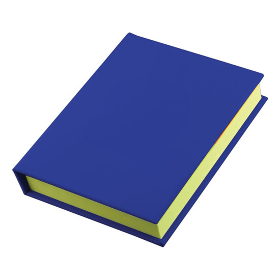 A blue adhesive note book with bright yellow sticky notes inside, featuring a sleek design and a logo.