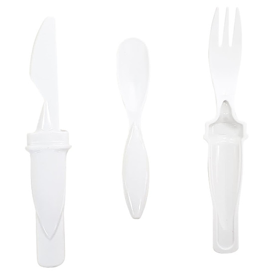 A set of three plastic utensils in white, including a knife, fork, and spoon. The set has a simple design.